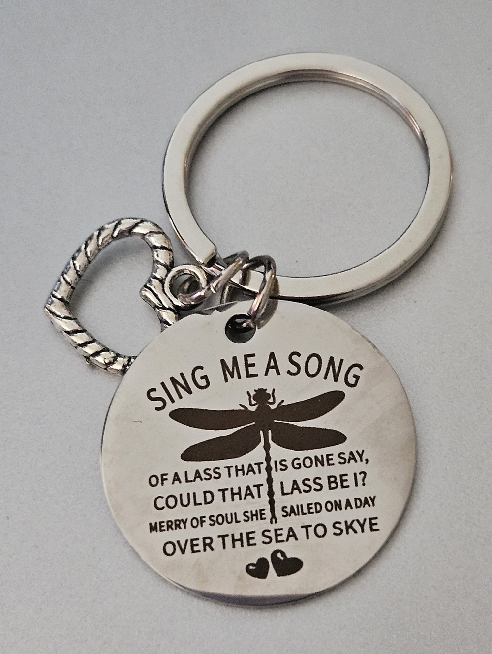 Skye Boat Song Dragonfly Round Keychain with Heart Charm - Outlander song